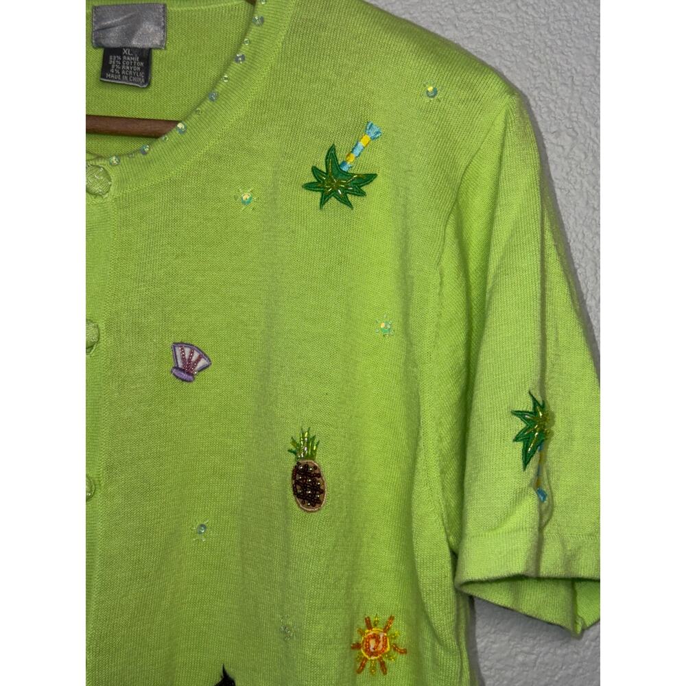 Vintage Berek Flamingo Tropical Cardigan Lime Green Novelty Sweater XL - Picture 11 of 11